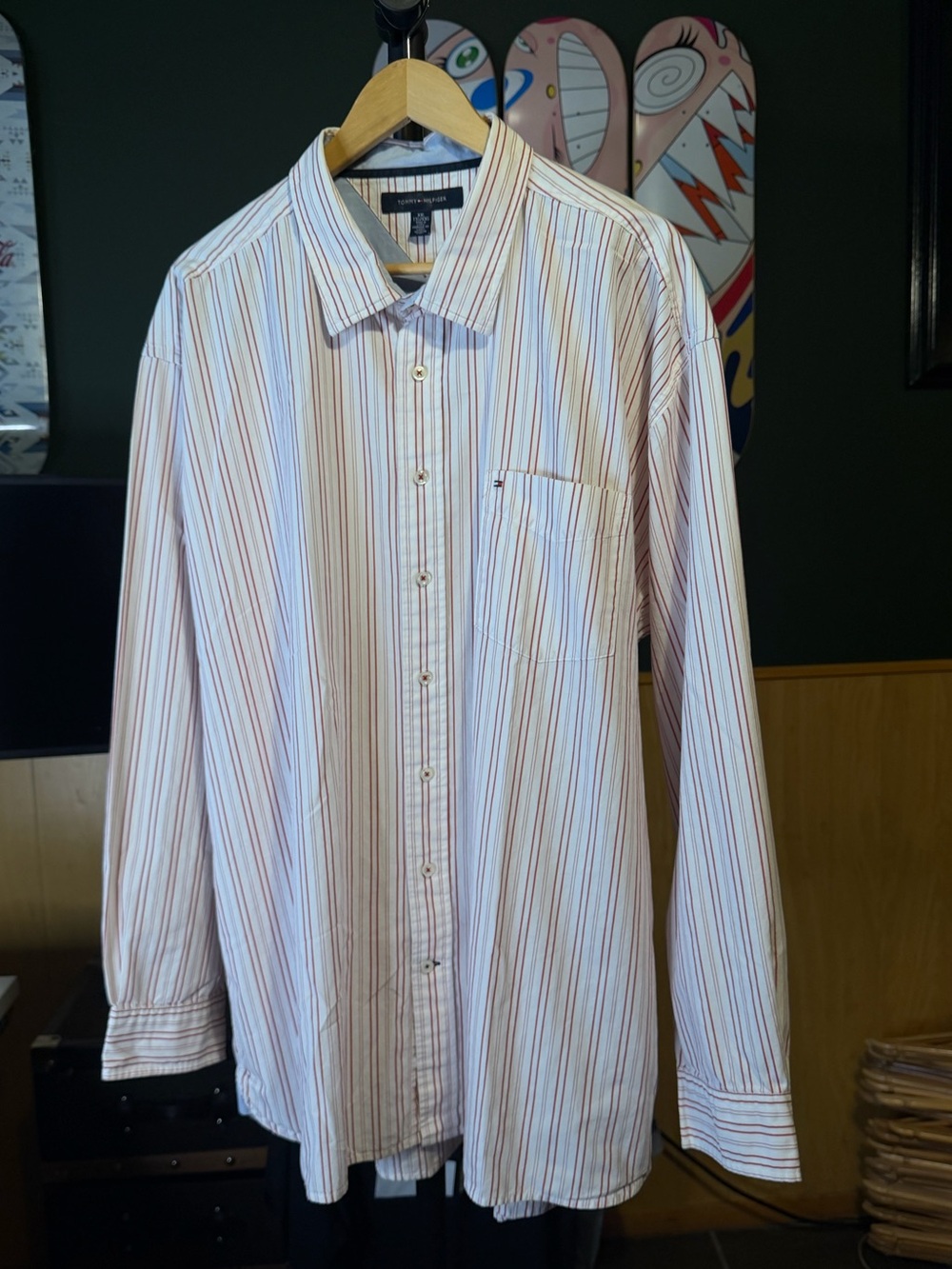 Tommy Hilfiger Candy Cane White Button Up Shirt with Multi-Color Red Pinstripes